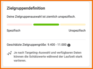 Das Bild zeigt den Anzeigenmanager. Hier ist die Zielgruppendefinition zu sehen. Außerdem wird der Grad der Spezifizierung angezeigt.