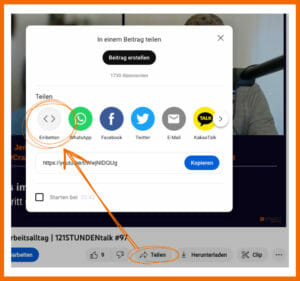 Im Screenshot siehst du, wie du YouTube Videos in deiner Website einbettest. Klicke dazu auf "teilen" und dann auf "einbetten"