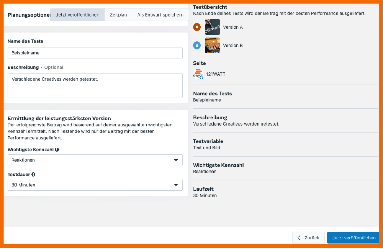 Hier siehst du die Planungsoptionen und Testübersicht eines A/B-Tests.