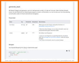 generate_lead Ereignis in der Google Dokumentation. Festgelegt sind die parameter currency und value