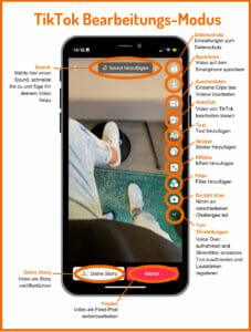 Der TikTok Bearbeitungs-Modus: Datenschutz, Speichern, Zuschneiden, AutoCut, Text, Sticker, Effekte, Filter, Du bist dran, Ton-Einstellungen, Posten, Deine Story, Sound