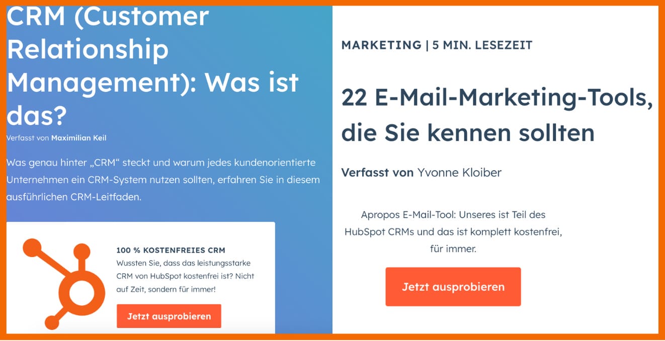 Du siehst ein Beispiel von Hubspot, in dem sie Content zu CRM und E-Mail-Marketing erstellt haben.