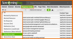 Screen 2: 404-Fehlerseiten mit dem ScreamingFrog identifizieren