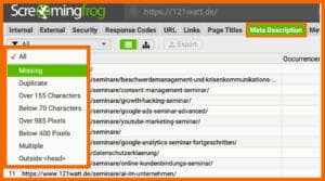 ScreamingFrog - Missing Meta Descriptions identifizieren