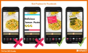 Best Practices für Thumbnails (bei TikTok): 1) falls du Branding nutzt: konsistent bleiben 2) wenn möglich: Gesichter abbilden 3) Text muss deutlich lesbar sein 4) Text darf nicht das gesamte Bild überdecken 5) macht User:innen neugierig