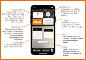 Interaktionsmöglichkeiten in der Instagram Story: "Du bist dran", Countdown-Funktion, Umfrage-Sticker, direkte Reaktion, Frage-Sticker, Quiz-Sticker, Link-Sticker