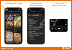 User:innen suchen auf verschiedene Arten bei TikTok: 1) Suche nach einem bestimmten Thema über die Suchleiste. 2) Suche nach einem bestimmten Video über die Suchleiste + Filter. 3) Suche in der vorgeschlagenen Suche zu einem verwandten Thema
