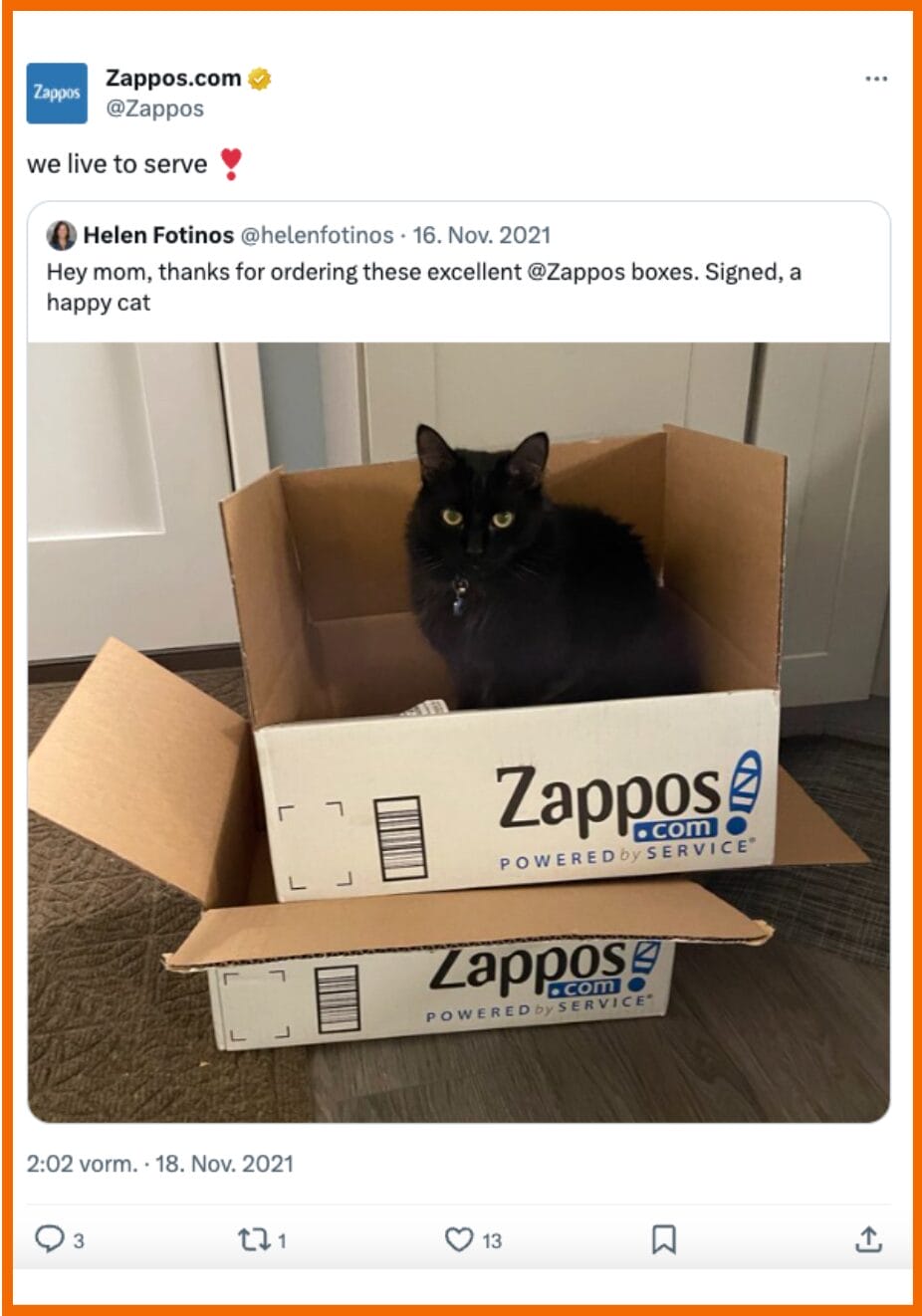 Das Bild zeigt einen Repost von Zappos auf X