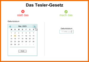 In diesem Bild siehst du ein Beispiel des Tesler-Gesetzes: Kunden werden in einem Formular gebeten, ihr Geburtsdatum anzugeben. Statt einem Kalende,r in dem man mühsam und mit viele Klicken nach dem entsprechenden Datum suchen muss, solltest du eine Formularzeile angeben, in welcher die NUtzer:innen ihr Geburtsdatum über die Tastatur eingeben können. 