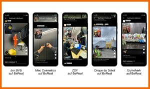 Dieses Bild zeigt verschiedene Unternehmensaccounts auf BeReal: Borussia Dortmund, Mac Cosmetics, ZDF, Cirue du Soleil, Gymshark