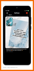 e.l.f. hat mit einem Promo-Code gratis Produkte an die ersten 150 Follower bei BeReal gespostet