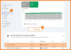 So findest du 404-Fehler in der Google Search Console: Klicke auf "Seiten", scrolle dann runter und sieh dir die URLs an, die im der Spalte "Nicht gefunden (404)" zu finden sind.