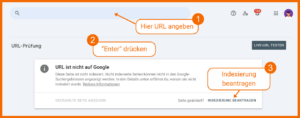 So beantragst du die Indexierung einer Seite in der Google Search Console: Gib die URL oben in die Suchleiste ein und drücke auf Enter. Ist die URL noch nicht indexiert worden, erscheint das Fenster "URL ist nicht auf Google". Dort klickst du dann auf "Indexierung beantragen".