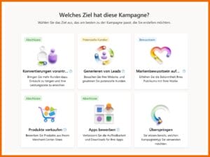 Hier siehst du die verschiedenen Kampagnenziele für Microsoft Ads: Kovertierungen vorantreiben, Generieren von leads, Markenbewusstsein au